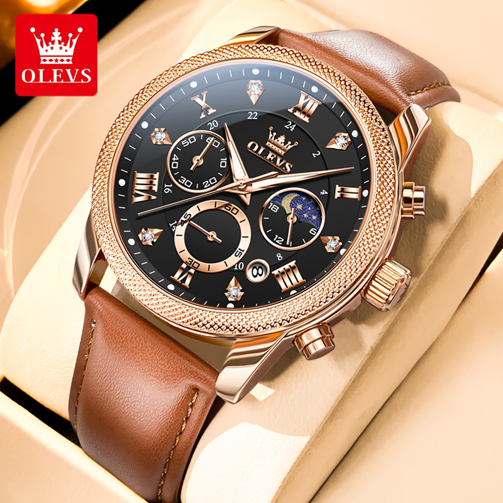 Leather Watch Band Men - OLEVS 3660 Moon Phase Chronograph Luminous