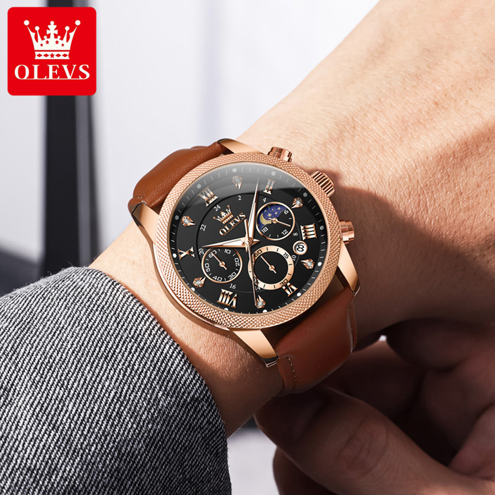 OLEVS 3660 Moon Phase Chronogr - Leather Watch Band Men review and price