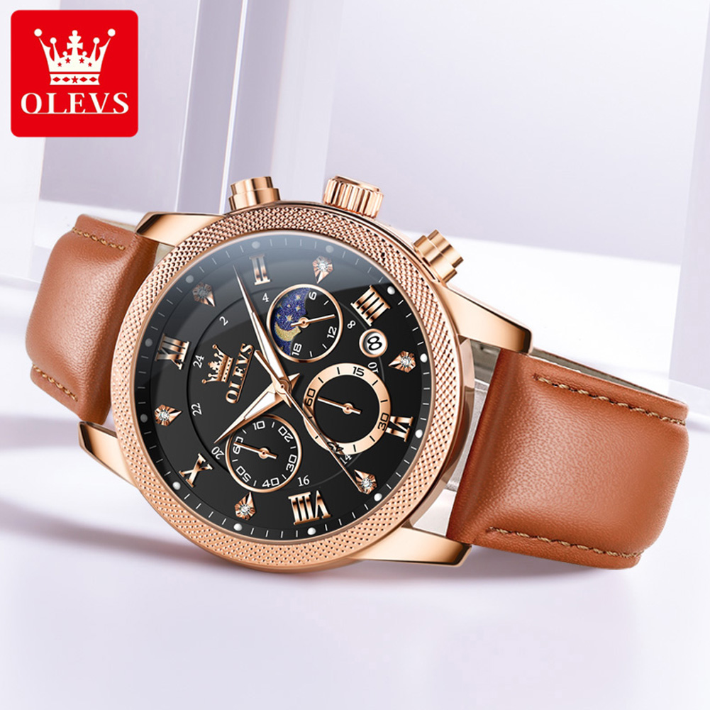 OLEVS 3660 Moon Phase Chronogr - Leather Watch Band Men review and price